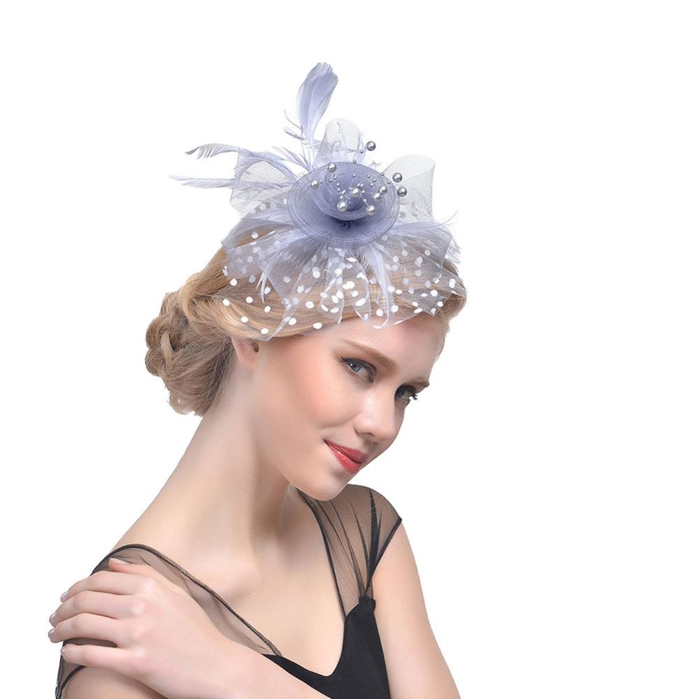 Women Vintage Fascinator Bridal Dot Wedding Church Tea Party Fascinator Hat Pillbox Hat: gray
