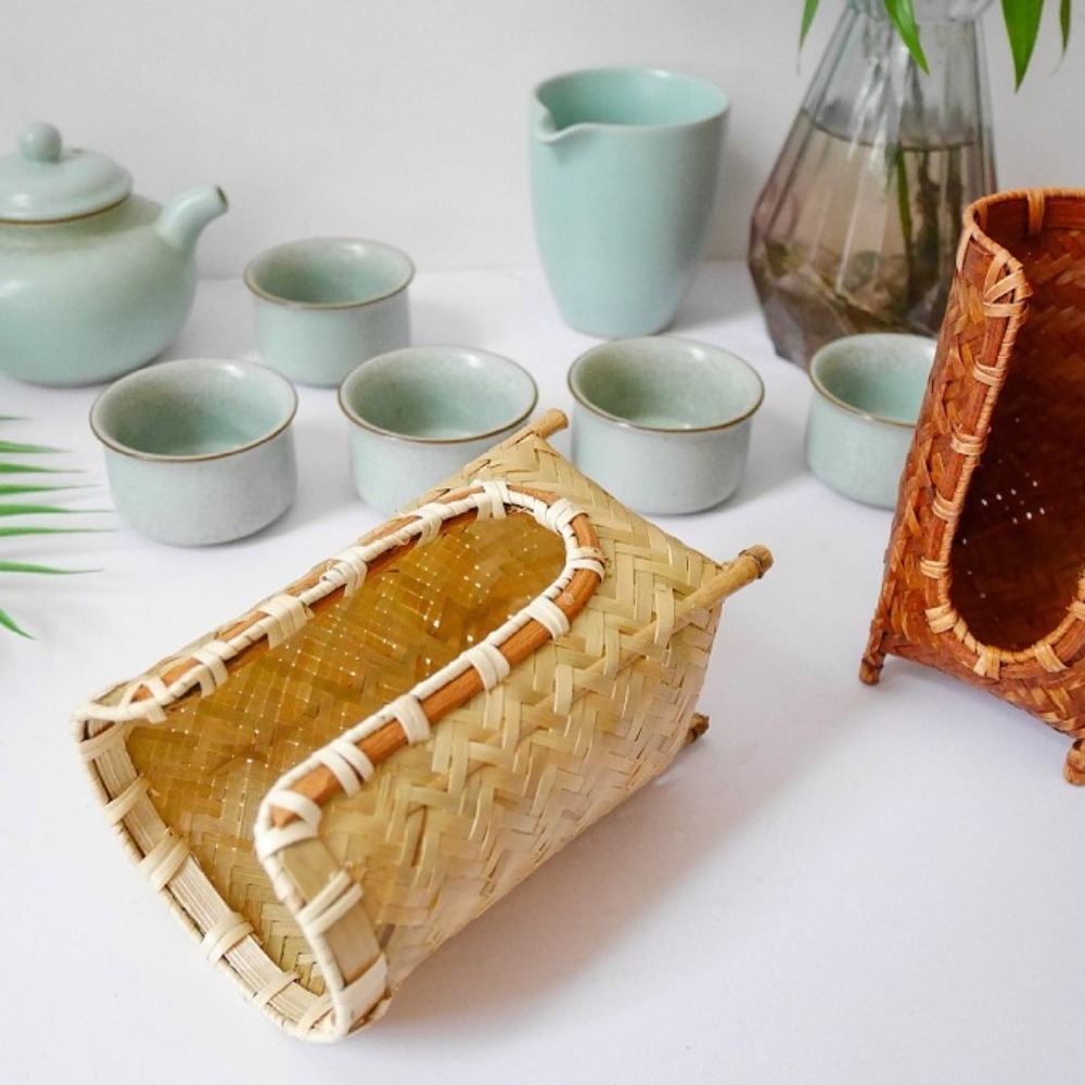 Portavasos tejido de bambú, cesta de almacenamiento de tazas de té Retro hecha a mano, dispensador de vasos de papel de estilo japonés que ahorra espacio para Baño