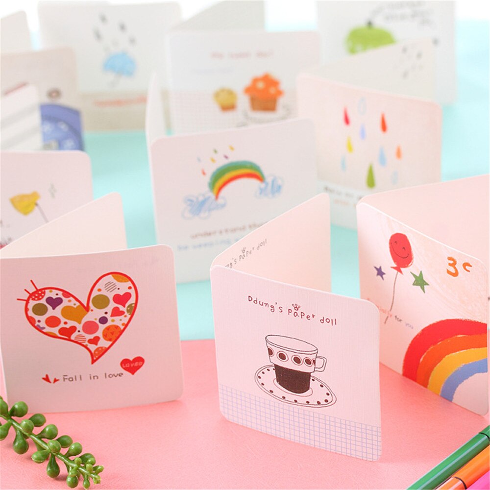 Juego de 10 tarjetas + 10 sobres, Mini tarjeta de felicitación, letra linda de la historieta, juego de papel Kawaii, tarjeta de cumpleaños, tarjeta de papel de escritura