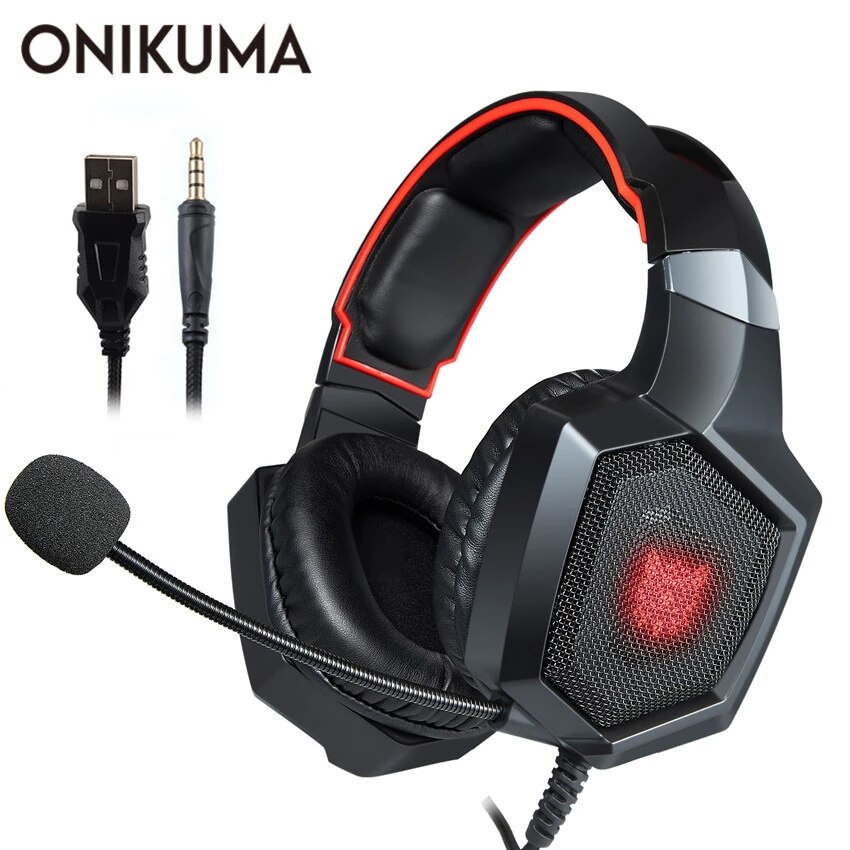 ONIKUMA K8 gamingowy zestaw słuchawkowy przewodowe słuchawki Stereo z redukcją szumów z mikrofonem LED Lights słuchawki na PS4 XBox One PC Laptop Tablet: Black Red
