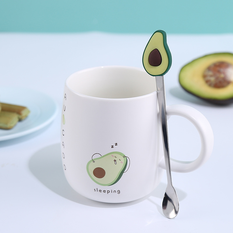 Cartoon Avocado Ceramic Coffee Mug With Lid Spoon Heat-resistant Milk Tea Water Mugs Home Office School Drinkware Cup Cute