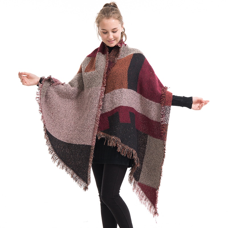 Pashmina de para mujer, bufanda gruesa para invierno, pañuelo a cuadros Reversible, mantón de capa envoltura, manta, Poncho cálido HO950750