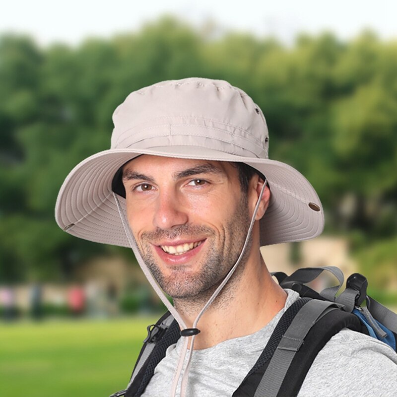 Gorro de pescador de secado rápido, ajustable, resistente al agua, con cuerda para Barbilla, sombrero de cubo de escalada: QJ2434K