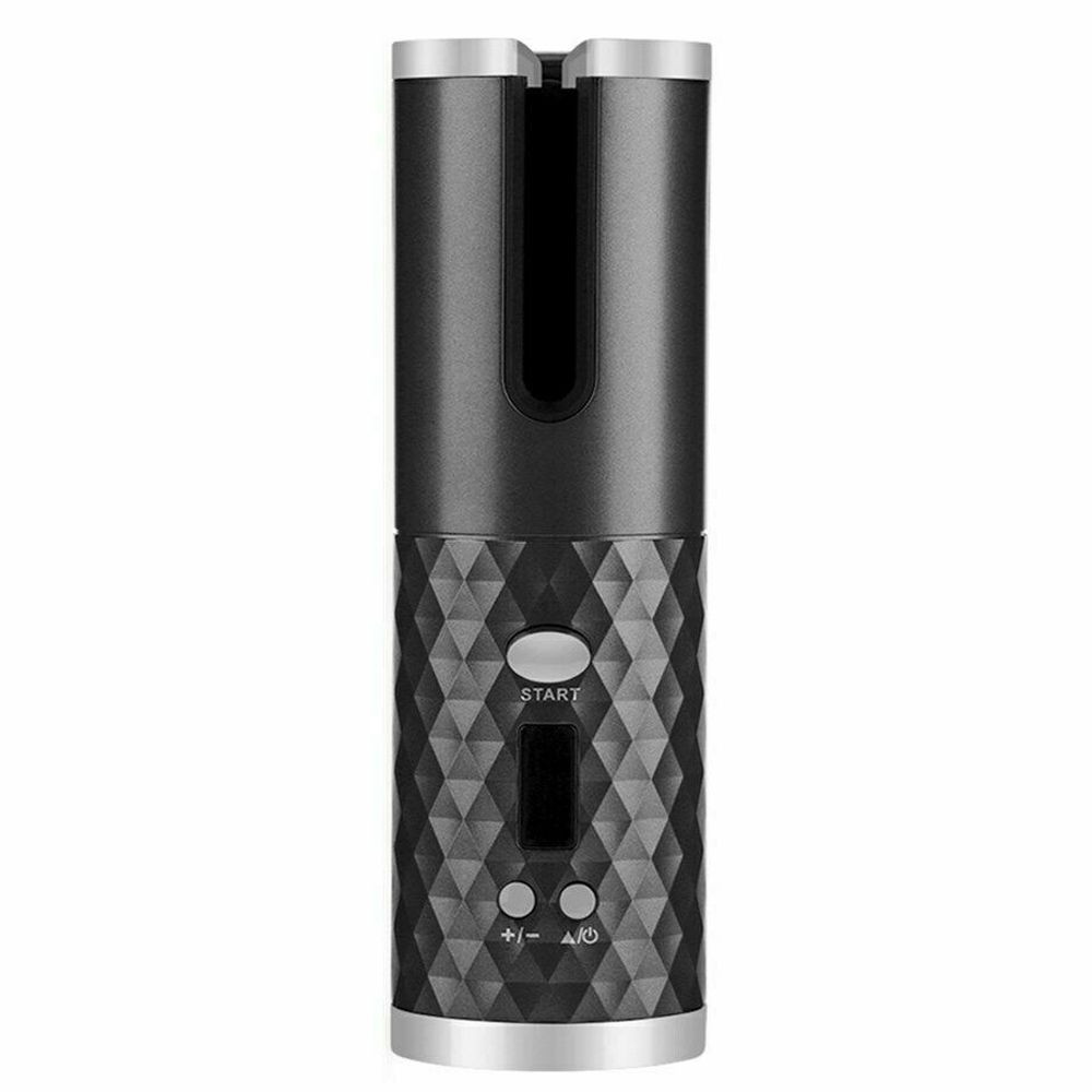 Verstellbarer lockenstab mit LED-anzeige, usb-aufladbar, automatischer Drehung, keramik-wellenwickler: Schwarz