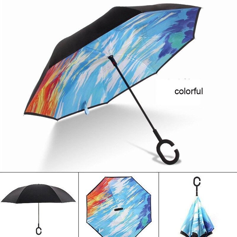 Paraguas plegable inverso resistente al viento, paraguas para hombre y mujer para lluvia y sol, paraguas con mango en C invertido, soporte autónomo para Anti UV de doble capa: colorful