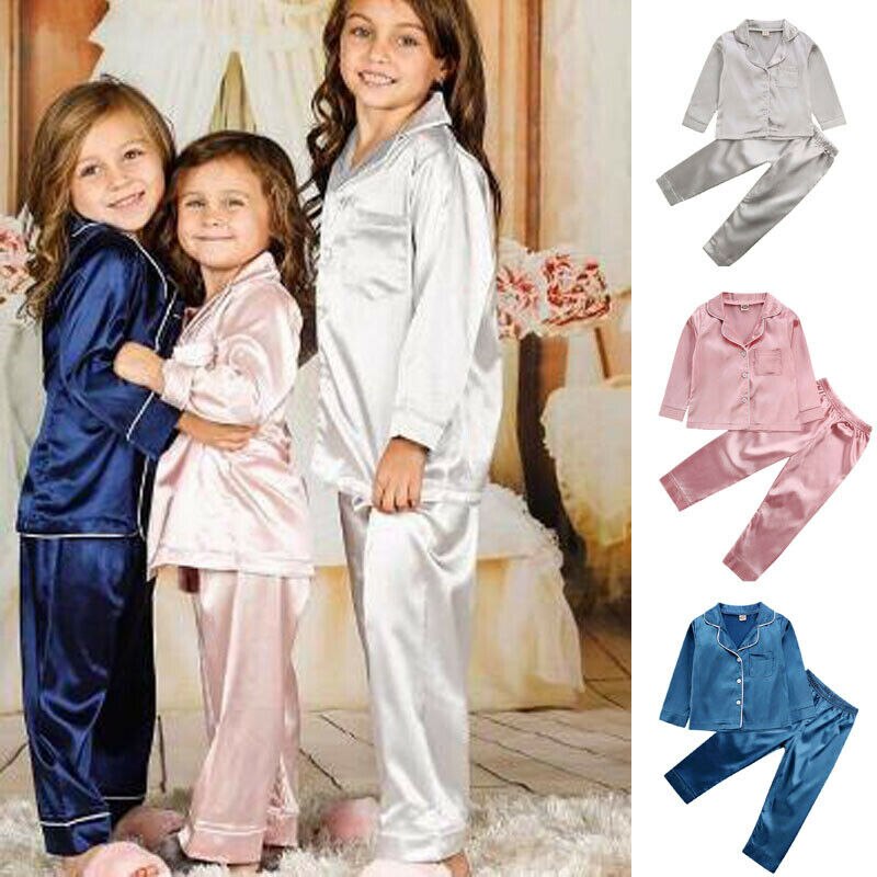 2PCS Spring Autumn Toddler Baby Kids Girls Satin Pajamas Set Casual Solid Long Sleeve Button-Down Sleepwear 1-7T