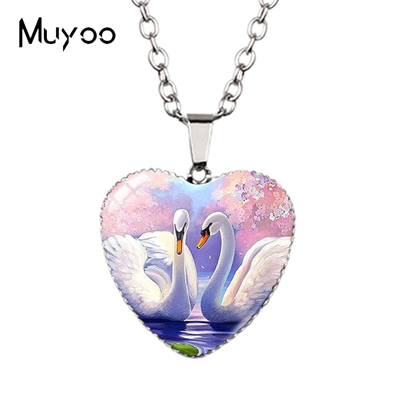 Landscape Animal Swans Butterflies Peacock Oil Painting Handcraft Heart Jewelry Pendant Necklace HZ3: Imitation Rhodium Plated