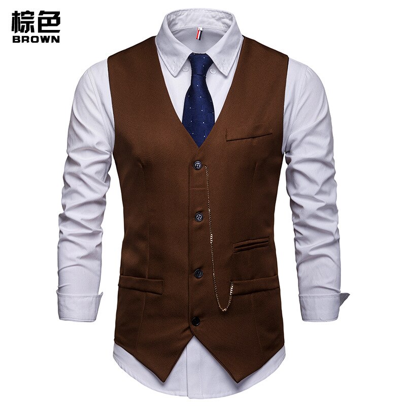 MIAMOOM Men Smart Casual Vest Single Breast Fit Mens Suit Vest: Brown / XL