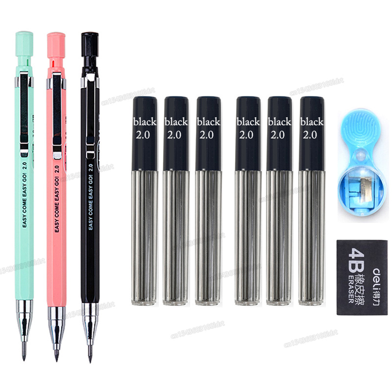 Lápiz mecánico retráctil de Metal/plástico, bolígrafo de 2mm de recambio 2B para la escuela de dibujo de bocetos, color negro, 2,0: Verde claro
