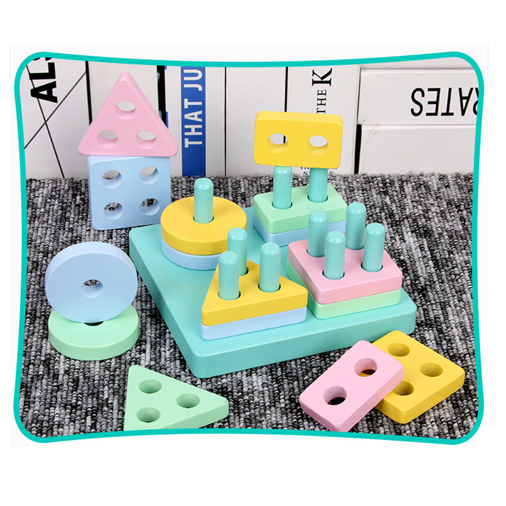 Kids Children&#39;s Wooden Educational Preschool Toy, Shape &amp; Color Recognition Geometric Board with Square Base