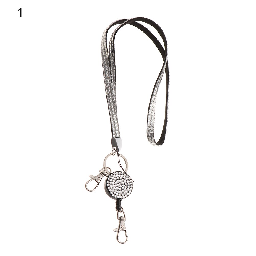 ID Card Holder Neck Strap Rhinestone Retractable Reel Necklace Hanging Rope Lanyard Lightweight: Silver