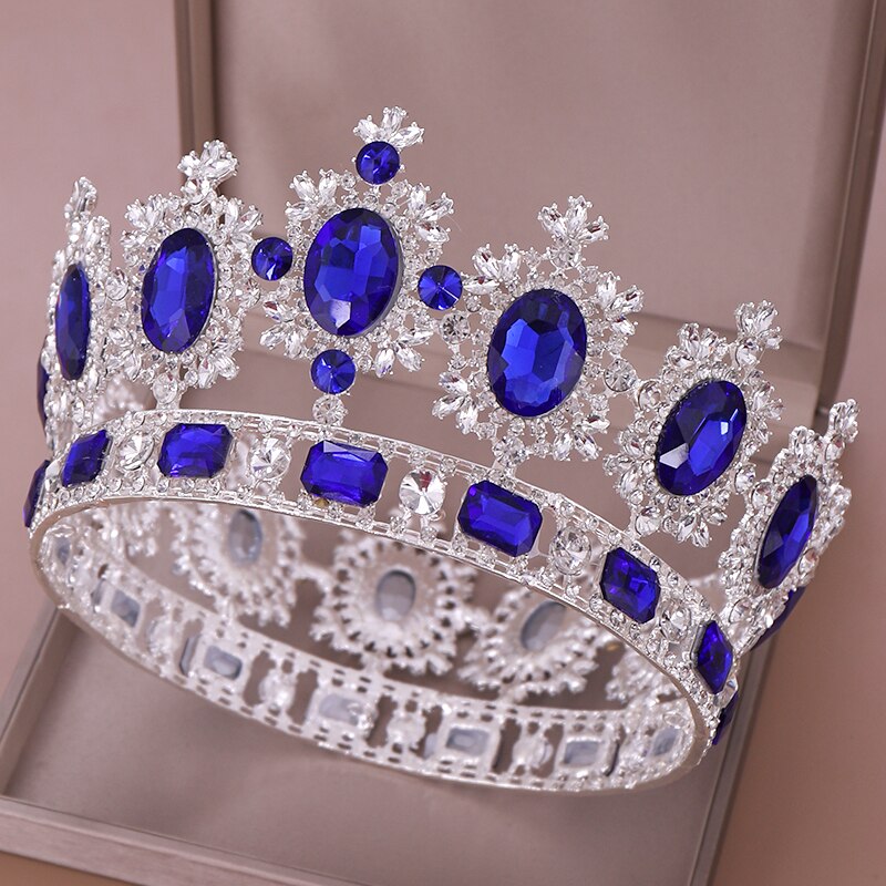 Vintage Barokke Blauw Groen Rode Kristal Grote Ronde Tiara En Kronen Strass Diadeem Voor Koningin Koning Bridal Bruiloft Accessoires