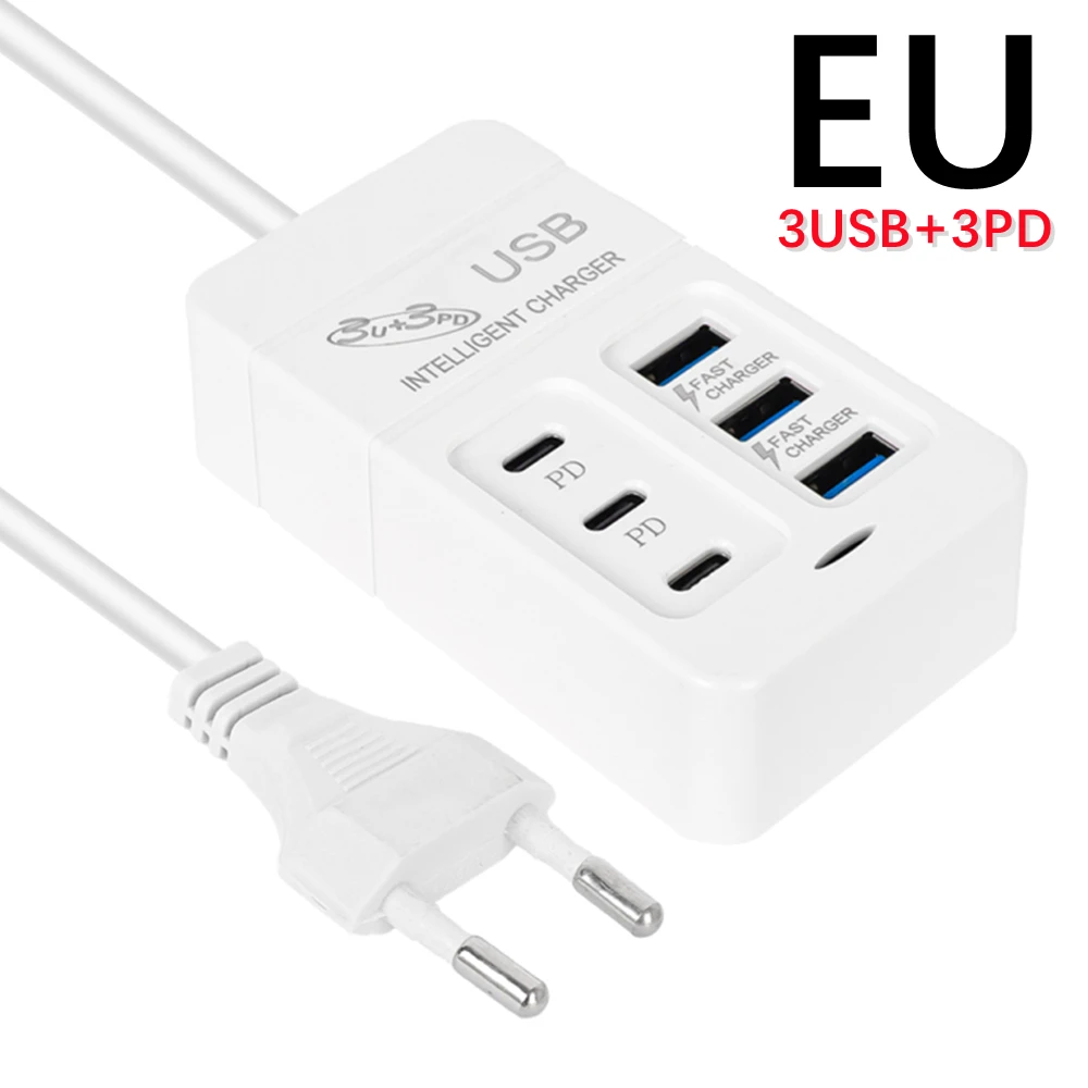 Cargador USB multipuerto de 6 puertos, 35W, PD tipo C, carga rápida para teléfono móvil, cargadores de pared tipo C, adaptador de concentrador tipo C, enchufe UE, EE. UU., Reino Unido: Marrón