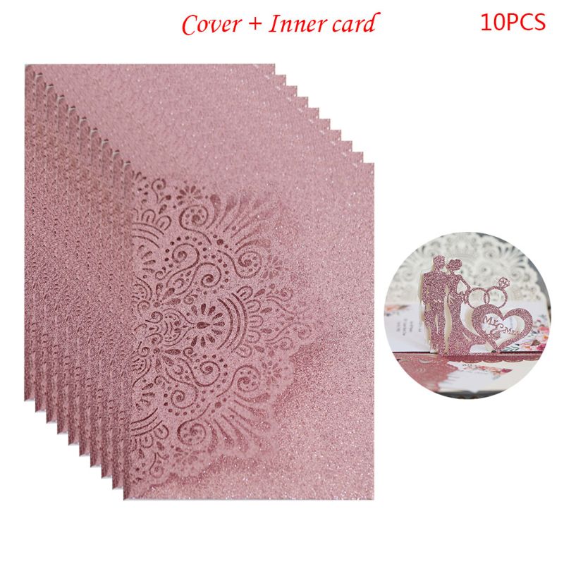 10Pcs Bride Groom Hollow Wedding Invitations Card Delicate Carved Lace Romantic Greeting Cards Decor Party Supplies: Pink