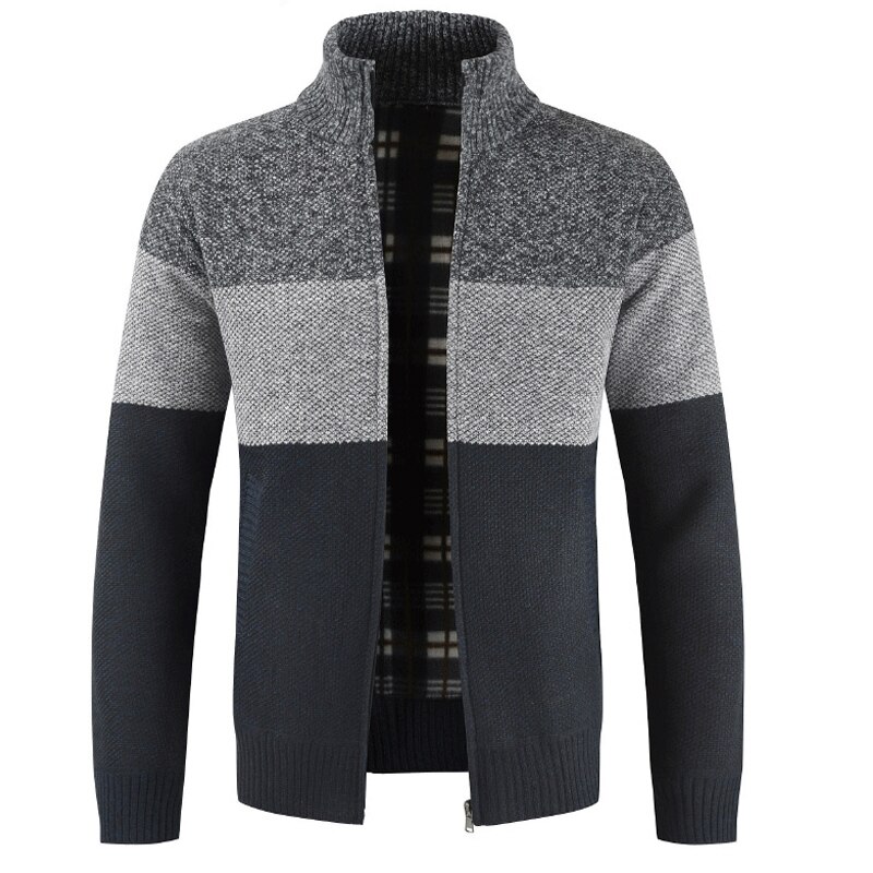 Herre sweatere cardigan frakker efterår vinter varm kashmir imiteret uld lynlås sweatre jakke afslappet strik patchwork sweatercoat