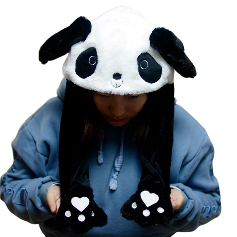 Barn vuxen kort plysch söt 3d tecknad panda djurhatt med rörliga öron dubbla krockkuddar tassar varm öronlock lock leksak fest rekvisita: 1