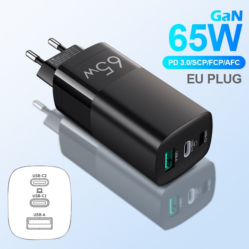 Nohon 65W GaN PD USB C Charger for iPhone Charger Fast Quick Charge Portable Cargador for MacBook Tablet: EU Plug Black