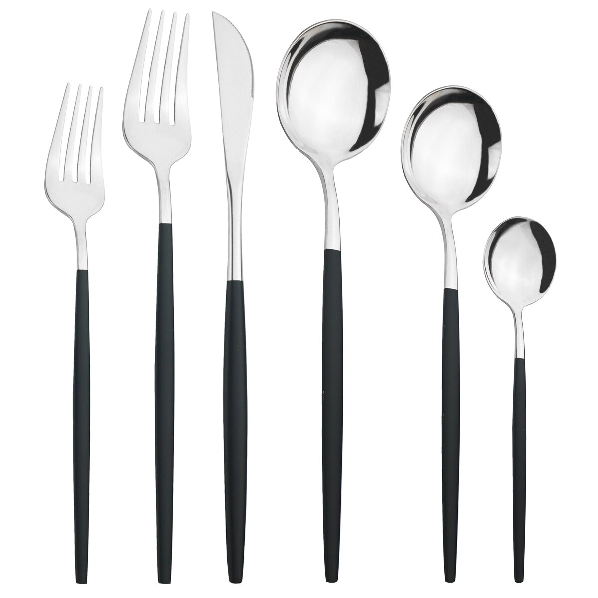 6 stuks witgouden bestekset, messen, dessertvorken, lepels, serviesset, roestvrijstalen serviesset, keukenzilverset: Blank zilver