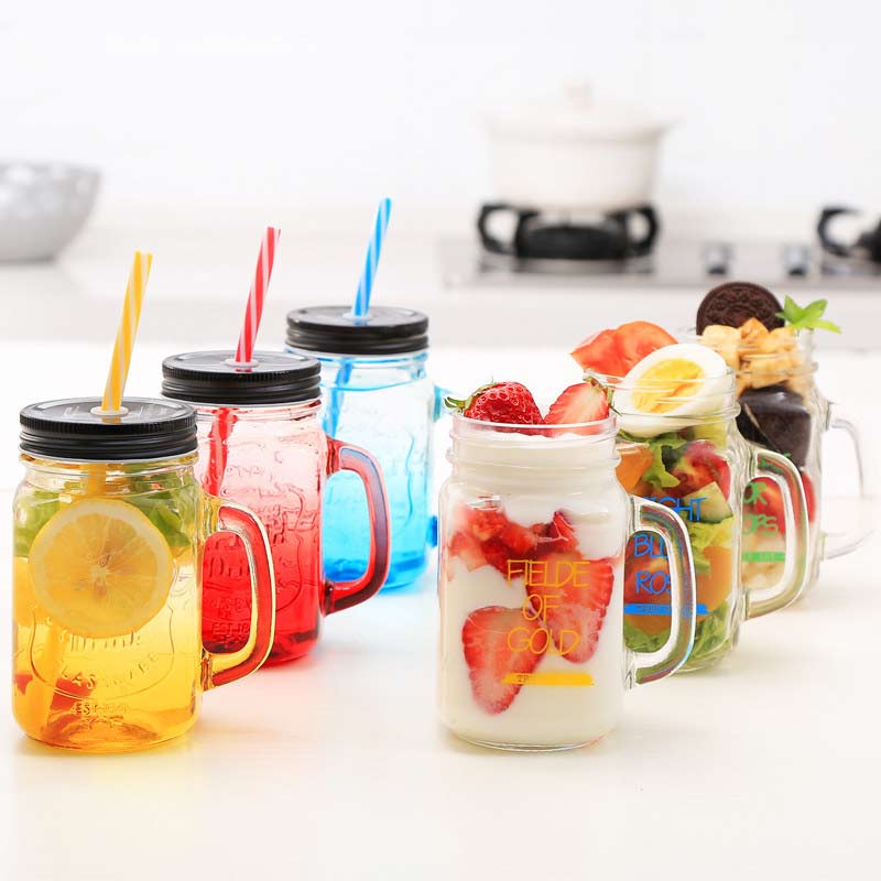 Lutning blå bokstaven glas kopp mason burk mugg med lock & halm glass frukt kall dricka glas smoothie kaffe koppgift