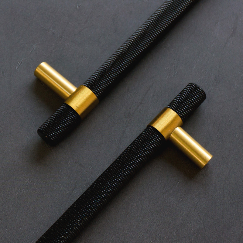 Poignée de barre en T moletée/texturée en laiton noir, boutons et poignées de porte d'armoire de cuisine, quincaillerie de meubles