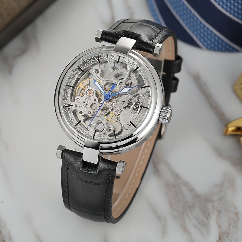 Forsining dubbelzijdig transparant waterdicht automatisch herenhorloge topmerk luxe skelet lichtgevend leren heren polshorloge