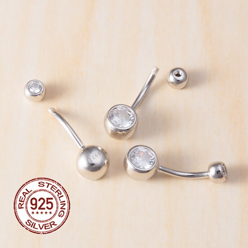 1 pz anelli ombelico per donna argento Sterling 925 14G Bar 8mm CZ palla rotonda anello ombelico bilanciere Stud pancia Piercing gioielli