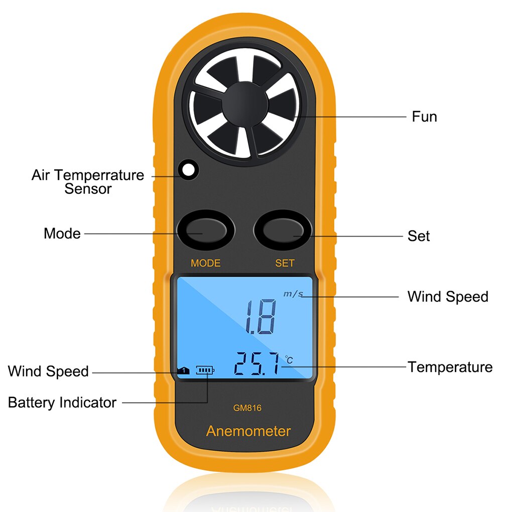 GM816 LCD Handheld Airflow Windmeter Thermometer Digital Anemometer Portable Outdoor Surfing Wind-Speed Gauge Meter 105*40*18mm