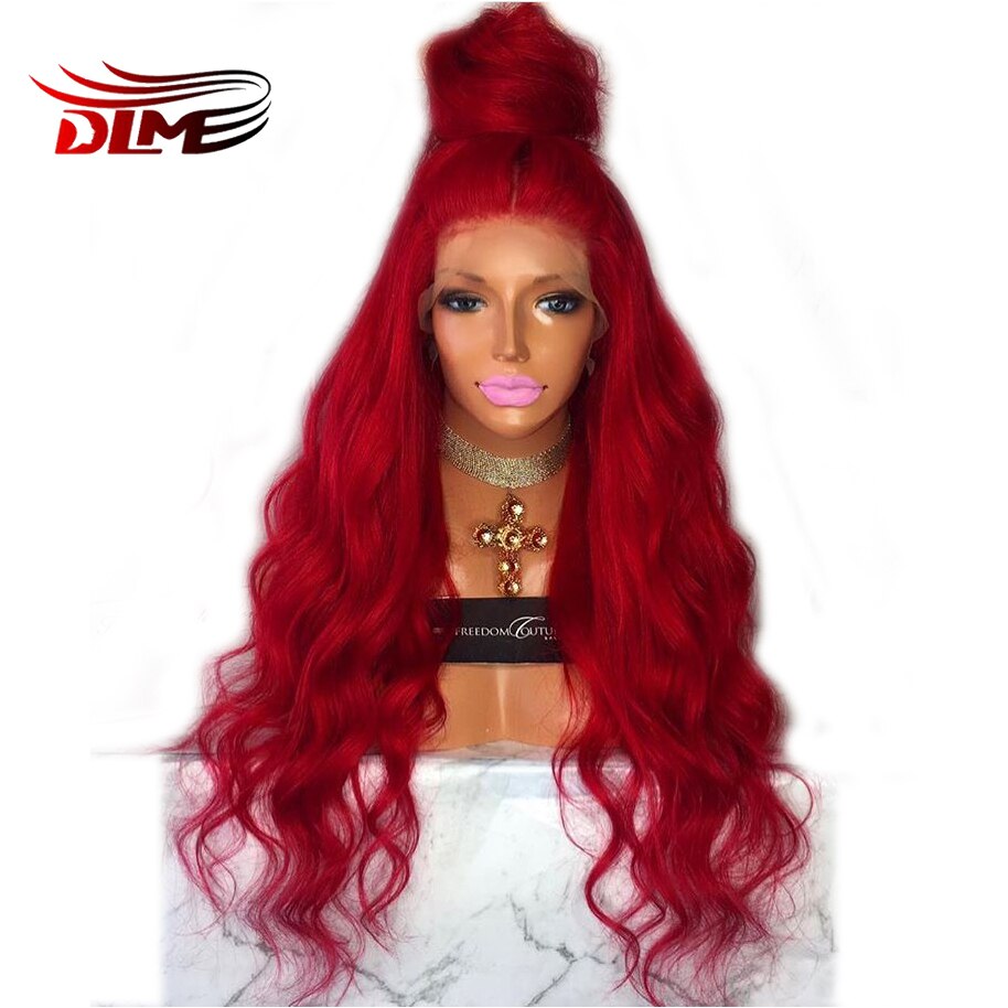 Dlme Lange Rode Synthetische Lace Front Pruiken Natrual Uitziende Rode Golvende Pruik Voor Zwarte Vrouwen Hittebestendige Haar