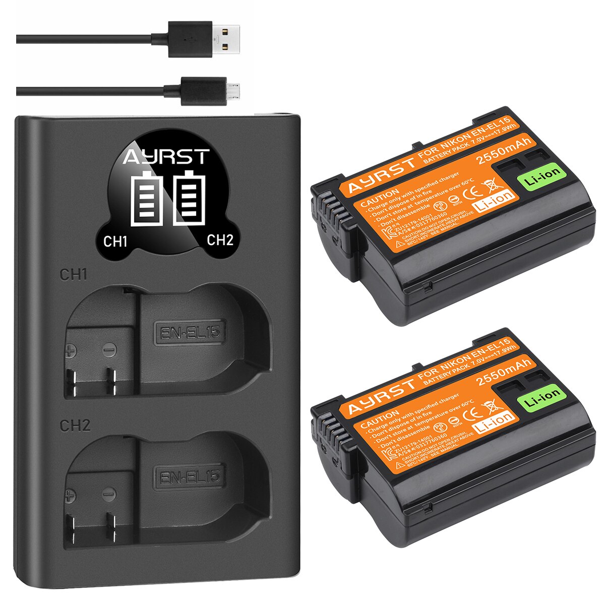 2550 mah en -el15 el15a batteri / dubbel laddare för nikon  d500 d600 d610 d600e d750 d800 d800e d810 d850 d7000 d7100 d7200 z6 z 7: 2 batterier och 1 laddare