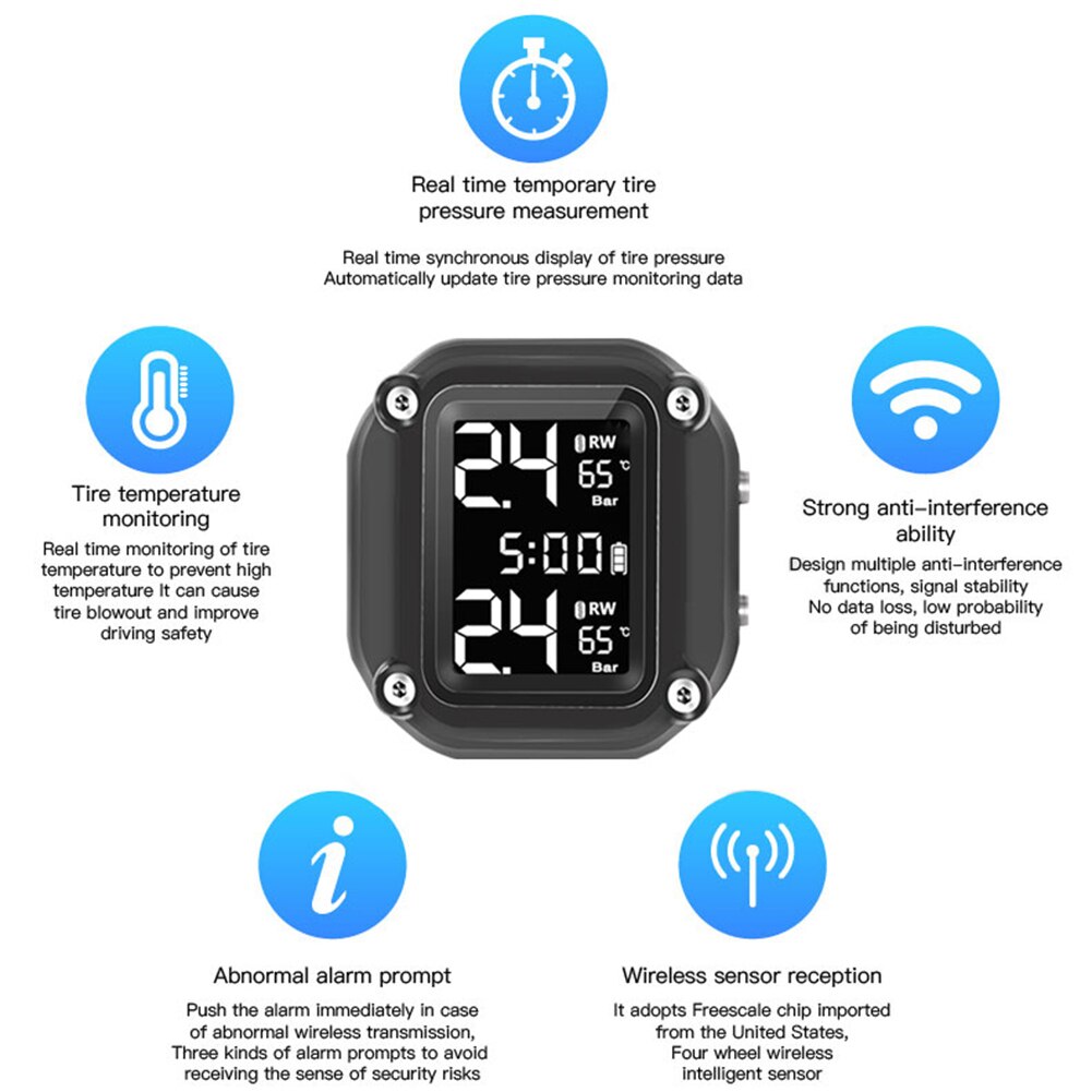 Wireless TPMS Motorcycle Tire Pressure Monitor Alarm Tire Pressure Monitoring System with 2 External Sensors