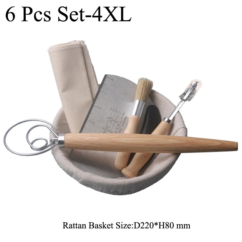 Banneton-herramientas para panadero de pan de campo europeo, cesta redonda de mimbre a prueba de agua, juego de 6 piezas con cepillo delineador, espátula para masa: Round 6pcs Set-4XL
