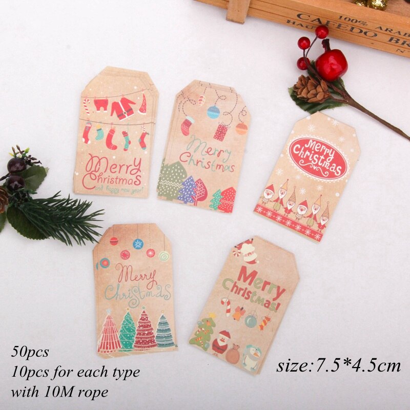 50 stuks/partij vrolijke kerstpapieren labels met touw diy knutselkaarten kerstfeest hangende labels inpakbenodigdheden huishoudelijke artikelen: 50 stuks natuur b