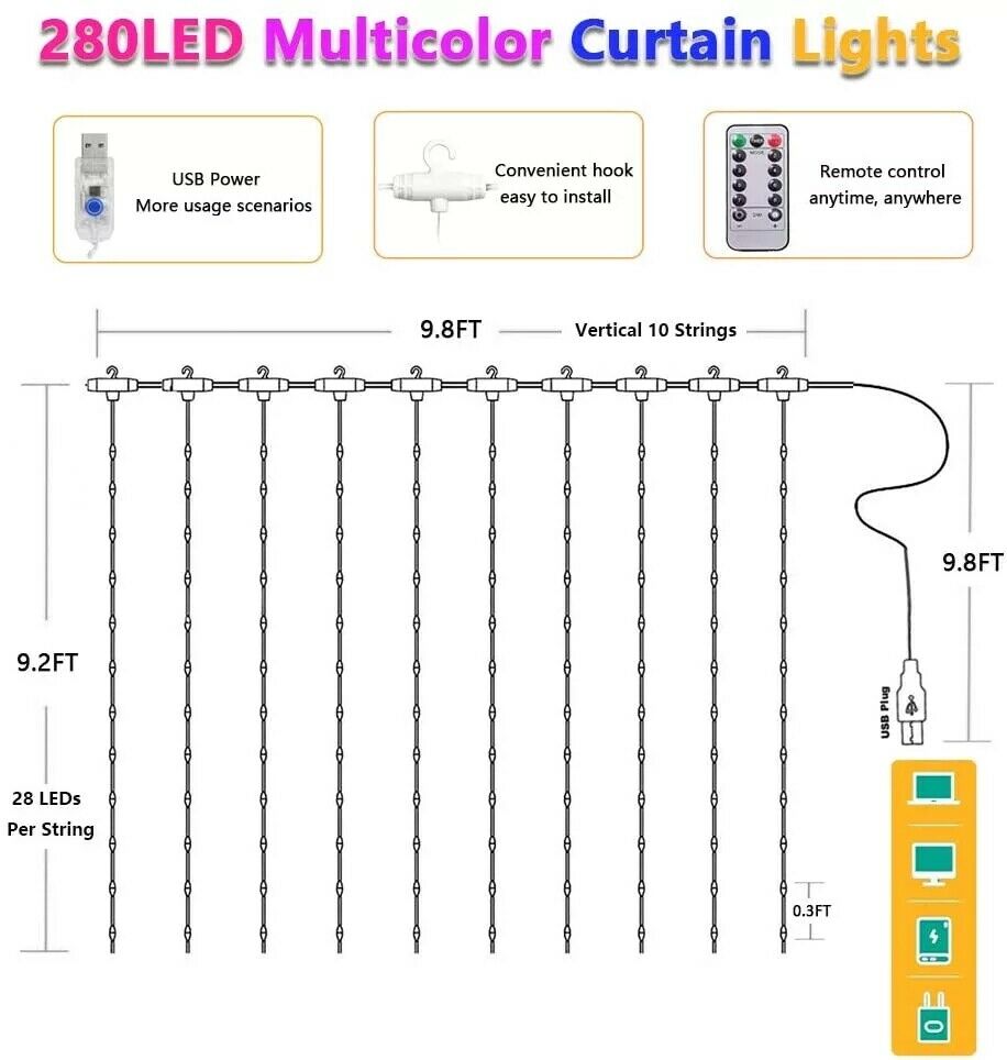 LED Gypsophila Icicle Rainbow Curtain String Lights Remote Control Bedroom Decor Fairy Light USB Power Garlands for Wedding Xmas
