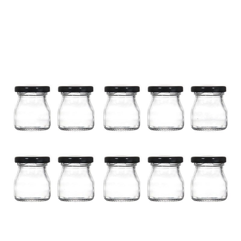 10 st små glasflaskor påfyllningsbara burkar för godis sylt glasmatpaket med svart/guld/silver lock 50ml: Svarta lock