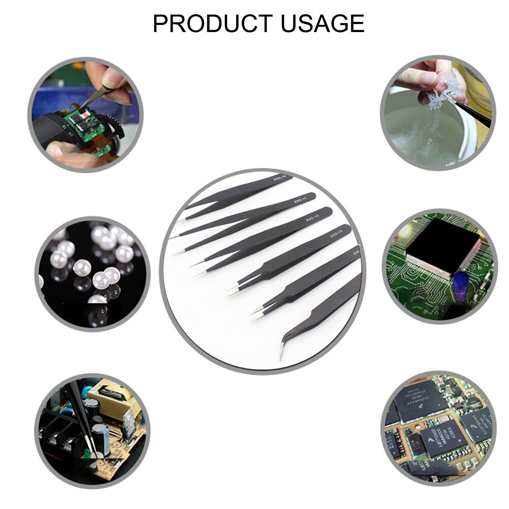 6 pcs Anti-Static Stainless Steel Tweezer Set Maintenance Repair Tool Kit Anti Static Model Making Tool Hand Tool Set
