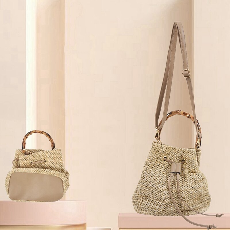 2 Pcs Drawstring Women's Straw Bucket Bag Summer Woven Shoulder Bags Shopping Purse Beach Straw Handbags, Khaki & Brown