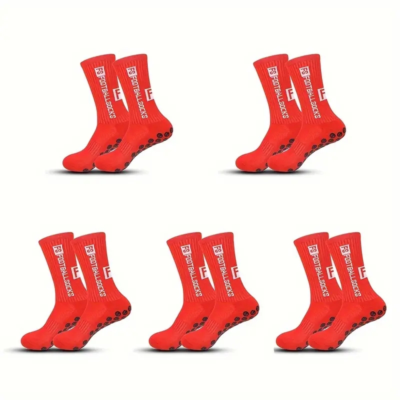 5 Paar rutschfeste Fußballsocken, atmungsaktiv, verschleißfest, Outdoor-Sportsocken für Fußball, Rugby, Basketball, Laufen: Rot