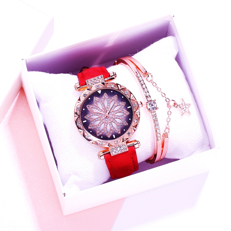 Frauen Uhr Armband 2 stücke Set Starry Sky Damen Armband Uhr Casual Leder Quarz Armbanduhr Uhr Relogio Feminino: Red Watch Bracelet