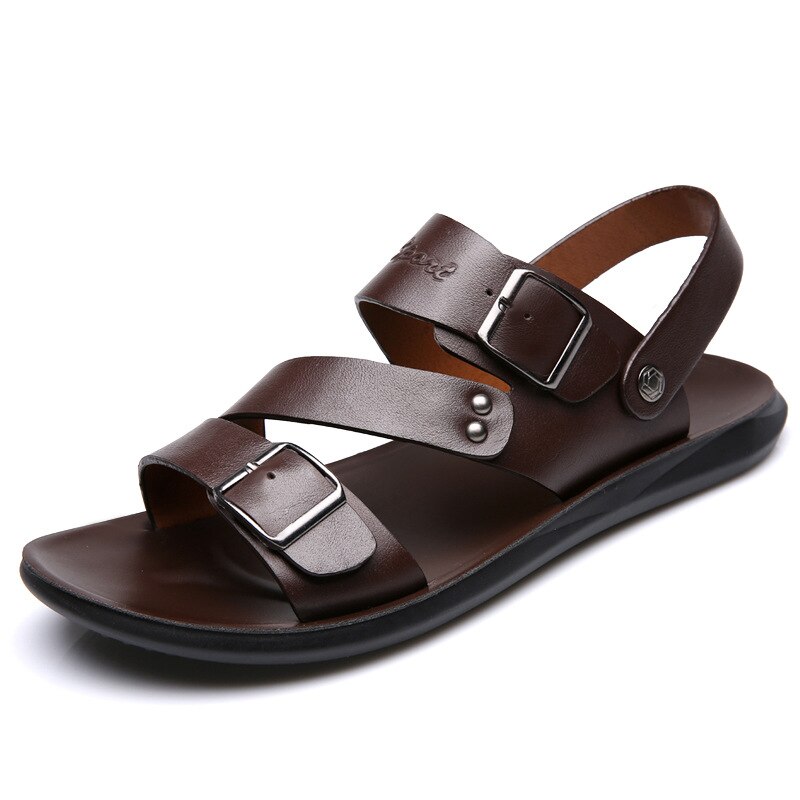HKXN 2022 Men Sandals split Leather Soft Non-slip Beach Summer Sandals Slippers Slip-On Flats Flip Flop Sandals T: brown / 41(Length 25.5 cm)