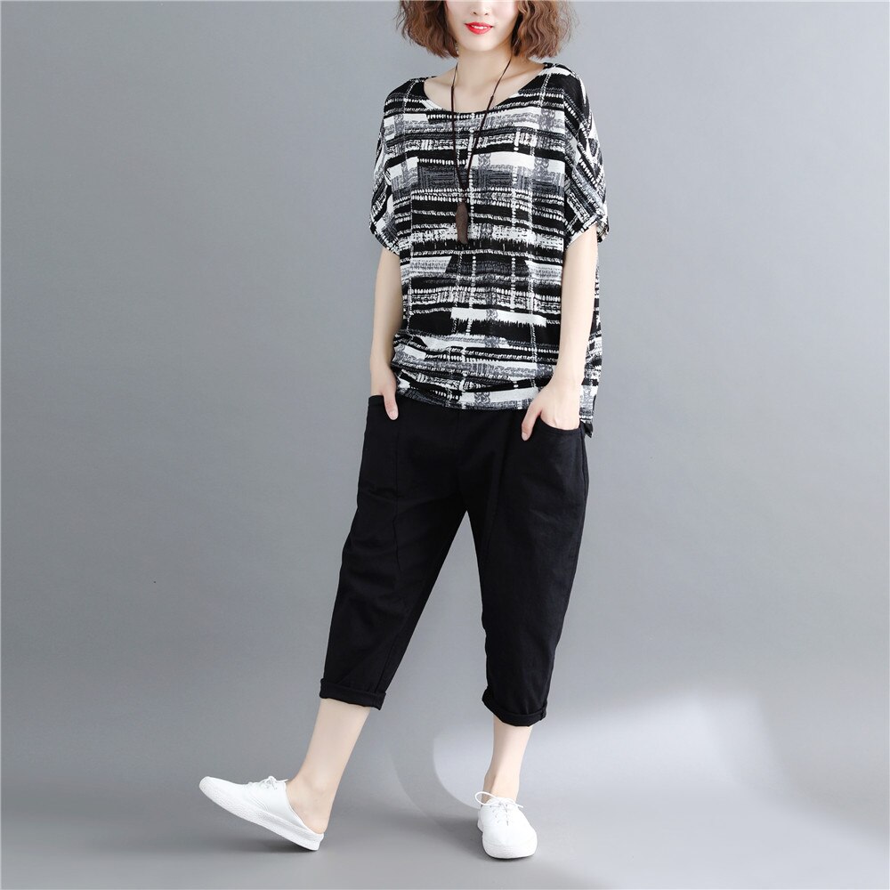 Plus Size Vrouwen Blouse Overhemd Batwing Mouw Zomer Tops Vrouwelijke Blouses Print Zwart Gestreepte Blouse Vrouwen Shirt Blusas 0275 40: Default Title
