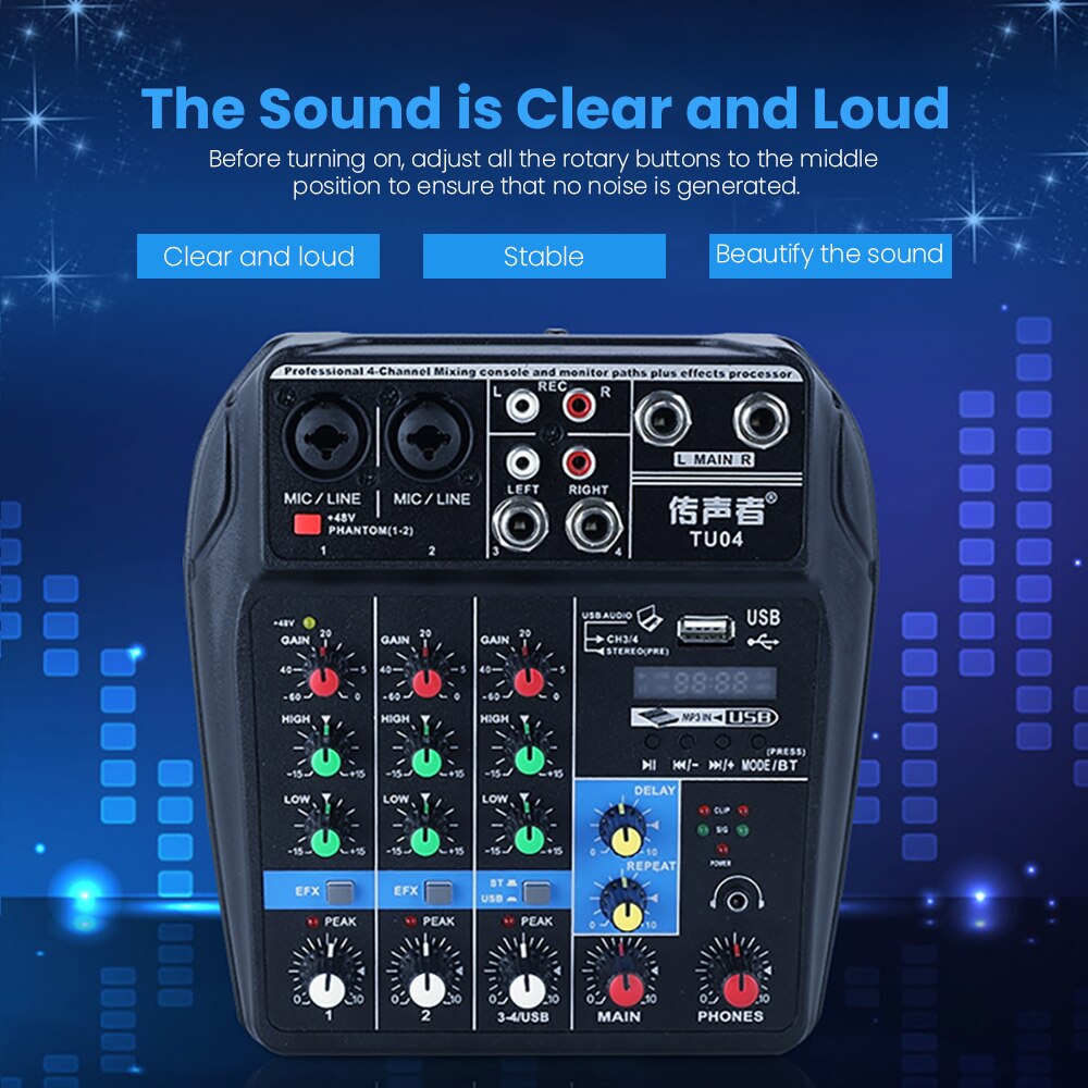 Bluetooth 4 Kanalen Usb Audio Mixer Sound Mixing Console Voice Record Computer Afspelen 48V Phantom Power Vertraging Repaeat Effect