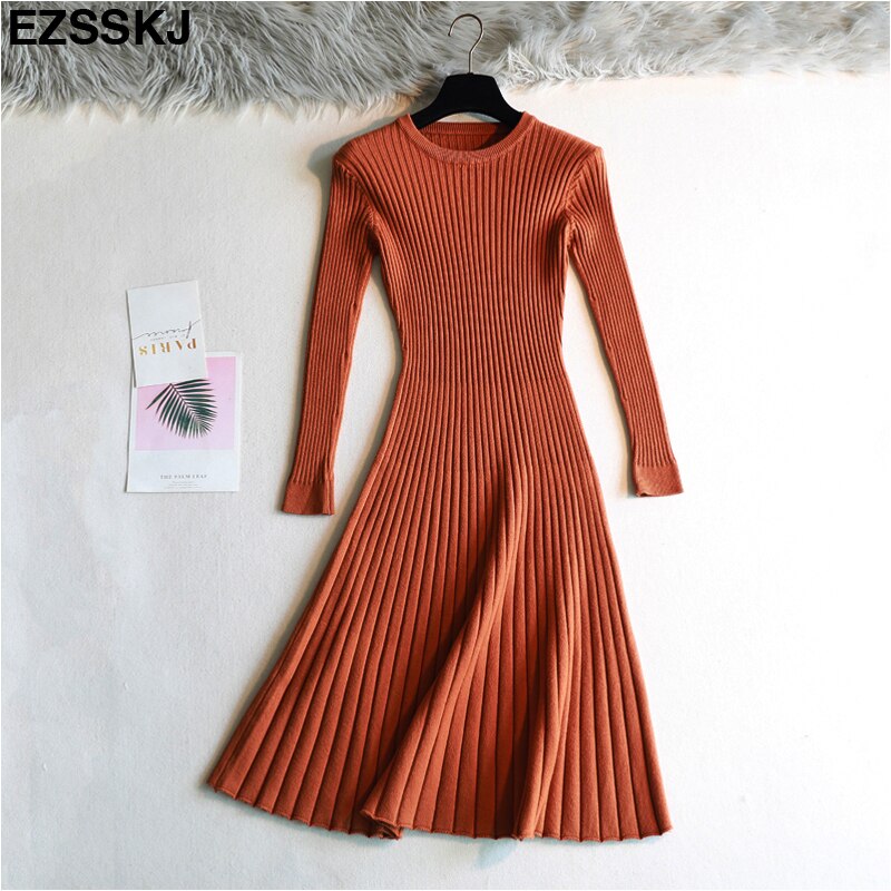 Vestido femenino de punto grueso con manga larga para otoño e invierno, traje básico con cuello redondo para mujer, corte en A, informal