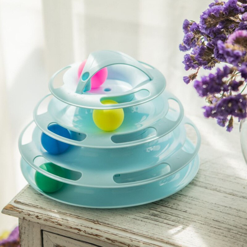 Four Levels pet cat toy Tower Tracks Disc cat Intelligence Amusement triple pay disc cat toys ball Training Amusement plate: Blue