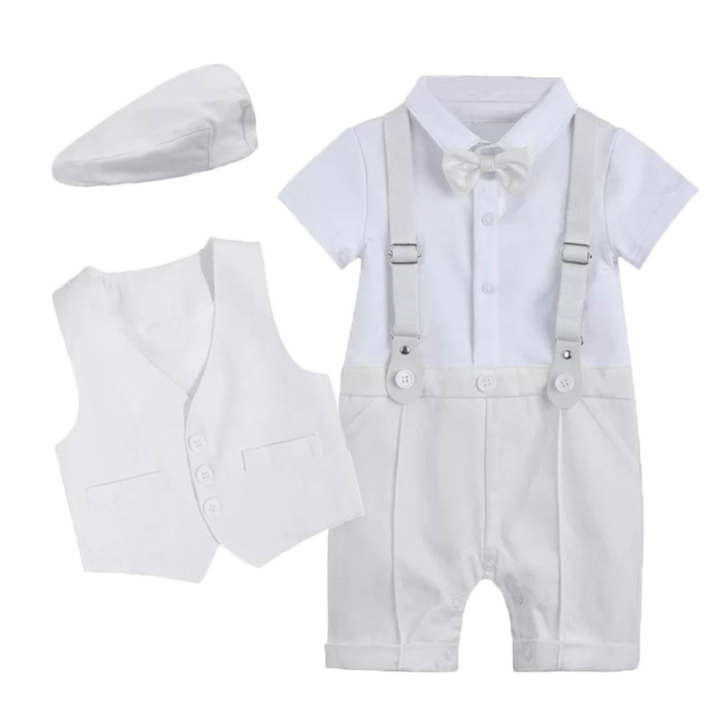 Bebê formal vestido de verão manga curta meninos cavalheiro festa vestir roupa 1st aniversário macacão + chapéu colete roupas da criança: Branco / 66(6-9M)