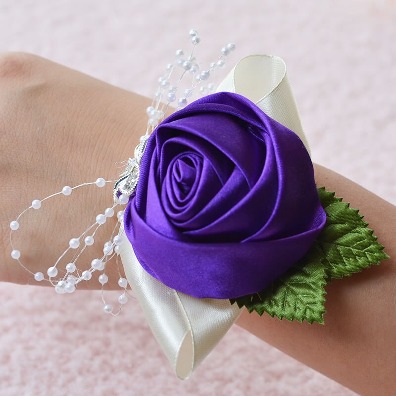 Bruidscorsage, bruidscorsage, polscorsage, parelarmband, handgemaakt polsbloemetje, bruidsmeisjeshandbloemen: Paars