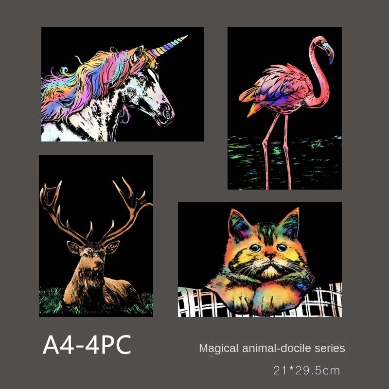 21*29cm 4PC DIY Scratch Paintings Card Animal Landscape Handmade decompression Drawing Toys Home Decor Picture: A4-Cat