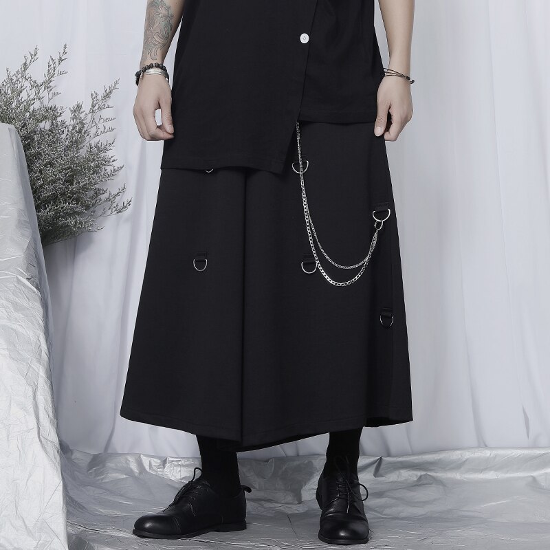 Herren Culottes Neue lässig Neun-Minute Hosen verlieren Breite Bein Hosen Yamamoto Stil dunkel Metall Kette Verziert übergroßen Culottes