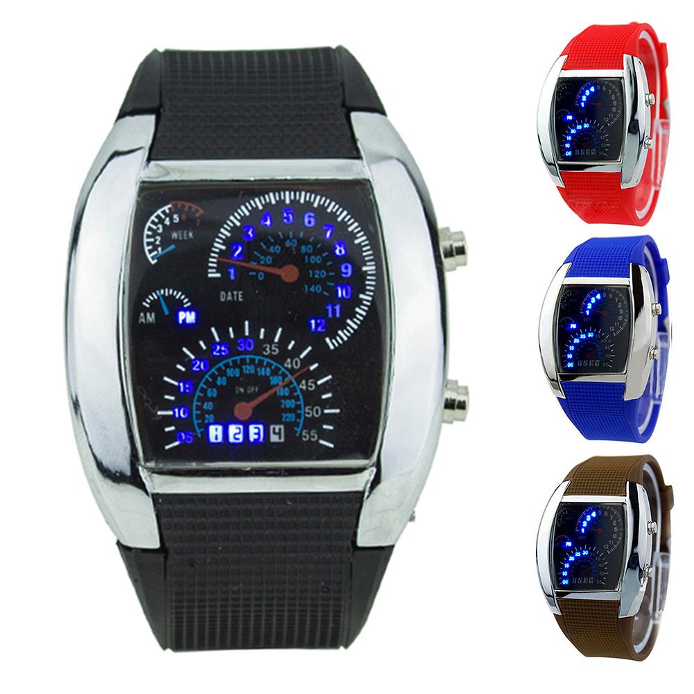 Led-horloge, coole rubberen band, toerenteller, snelheidsmeter, auto, turbo-stijl, digitaal led-polshorloge
