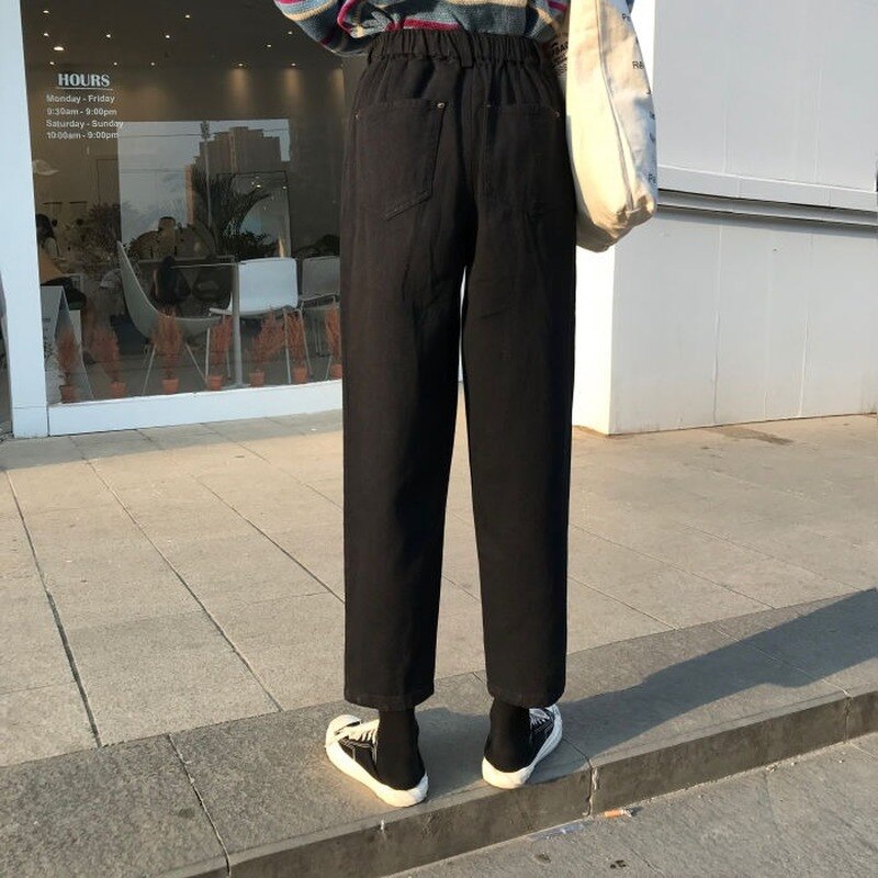 Jean femme grande taille solide taille haute Ulzzang Harajuku Style coréen Vintage a la femmes pantalon poches Simple Chic