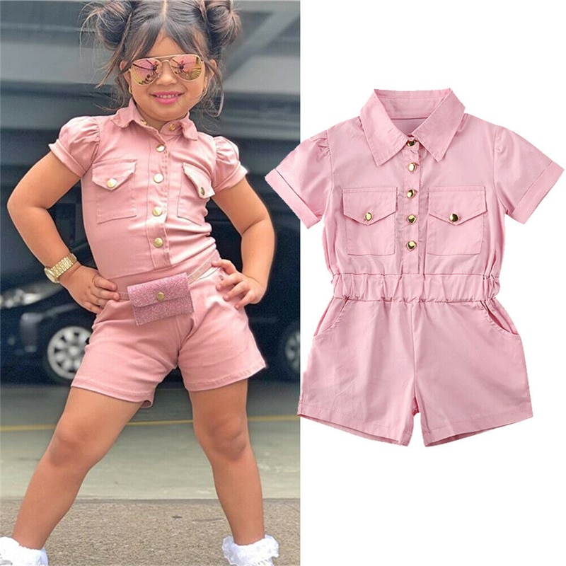 Di Modo di estate Infantile Delle Ragazze Dei Capretti Tute E Salopette Tuta Rosa Single-petto Manica Corta Pagliaccetto Salopette Corte Abiti 1-6Y Attrezzatura di Estate